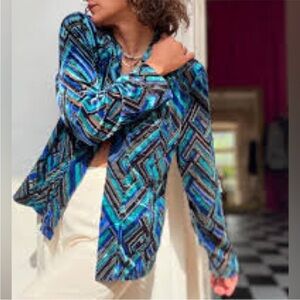 Chico's Velvet Burnout Open Front Cardigan Blue Teal Geometric Artsy Size 2